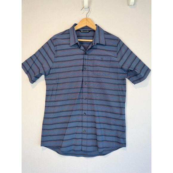 Travis Matthews Button Up Shirt Golf Stripes Size Large Short Sleeve Navy Blue - Picture 1 of 4